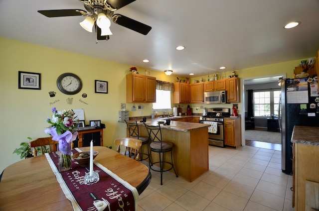 kitchen with a wealth of natural light, ceiling fan, stainless steel appliances, and a peninsula