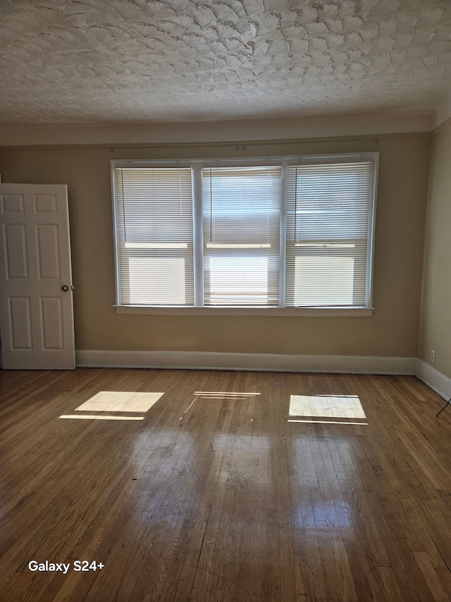 spare room with baseboards, a textured ceiling, wood-type flooring, and plenty of natural light