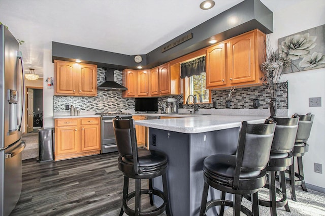 kitchen with a breakfast bar area, a sink, stainless steel appliances, wall chimney exhaust hood, and a peninsula