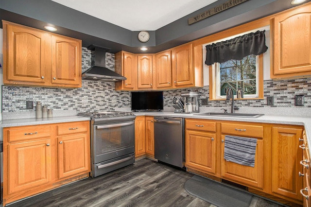 kitchen featuring wall chimney exhaust hood, appliances with stainless steel finishes, light countertops, and a sink