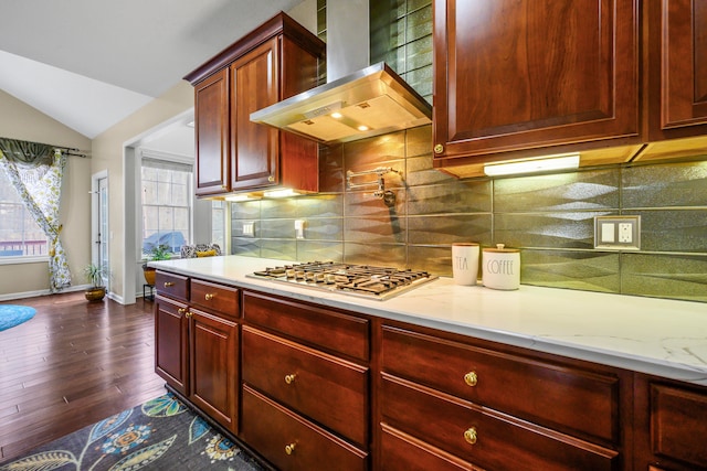 1249 Lasalle Rd, Canton, MI 48187 - kitchen featuring dark brown cabinets, wall chimney exhaust hood, stainless steel gas stovetop, lofted ceiling, and baseboards