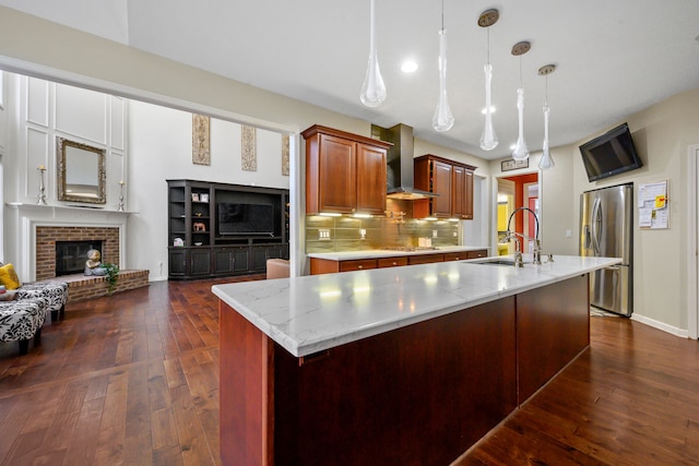 1249 Lasalle Rd, Canton, MI 48187 - kitchen featuring stainless steel appliances, wall chimney exhaust hood, a sink, decorative backsplash, and dark wood-type flooring