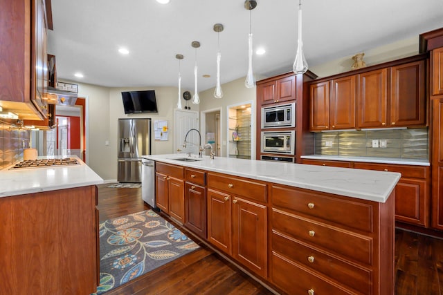 1249 Lasalle Rd, Canton, MI 48187 - kitchen with stainless steel appliances, a sink, tasteful backsplash, dark wood-style floors, and recessed lighting
