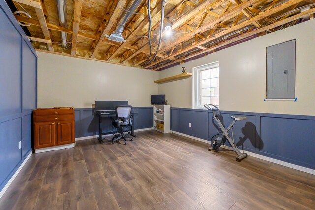 1249 Lasalle Rd, Canton, MI 48187 - home office with electric panel, dark wood-style flooring, and a wainscoted wall