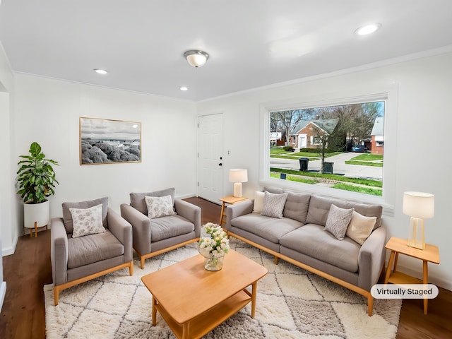 20612 Kingsville St, Harper Woods, MI 48225 - living area with crown molding, recessed lighting, baseboards, and wood finished floors