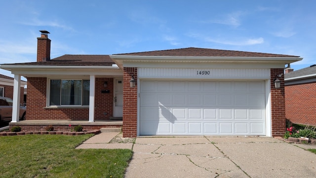 single story home featuring a chimney, covered porch, brick siding, driveway, and an attached garage