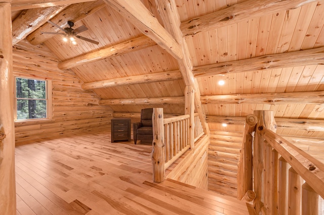 additional living space with lofted ceiling with beams, hardwood / wood-style flooring, wooden ceiling, and log walls