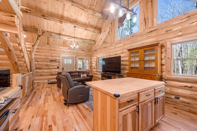 kitchen featuring wooden ceiling, wood counters, light wood-type flooring, high vaulted ceiling, and log walls