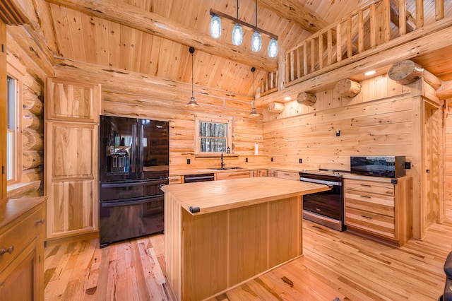 kitchen with black appliances, wooden ceiling, butcher block counters, and log walls