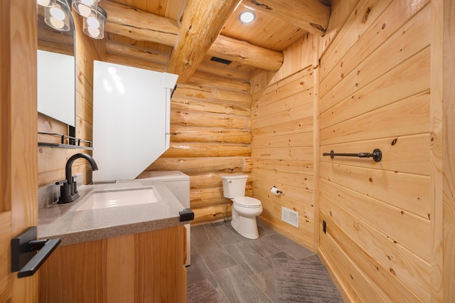 bathroom featuring wooden ceiling, rustic walls, beamed ceiling, toilet, and visible vents