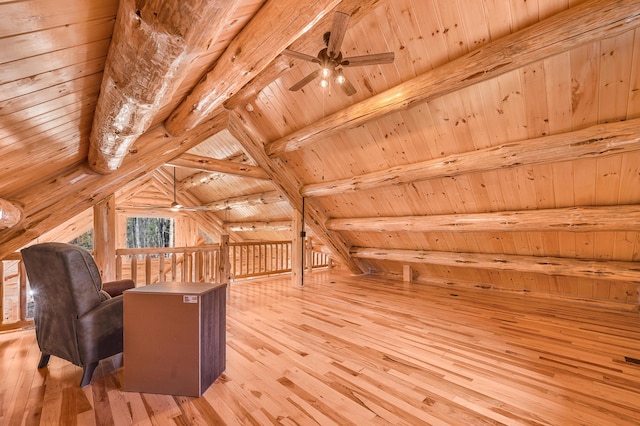 bonus room with vaulted ceiling with beams, a ceiling fan, wood-type flooring, and wooden ceiling