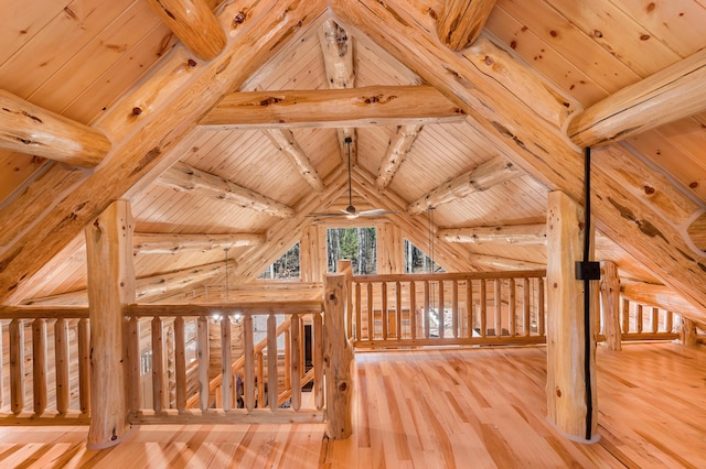 additional living space with vaulted ceiling with beams, ceiling fan, wood-type flooring, and wood ceiling