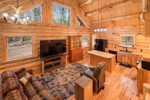 living room featuring an inviting chandelier, rustic walls, beam ceiling, and high vaulted ceiling