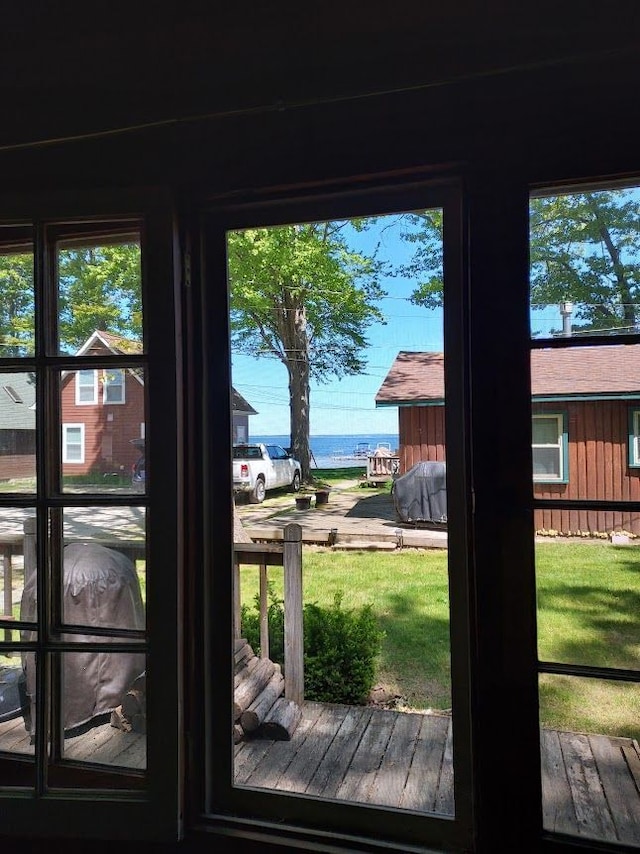 entryway with a water view