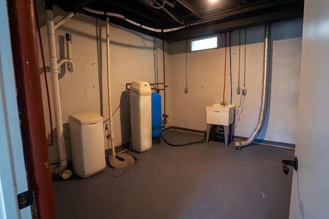 basement with concrete block wall