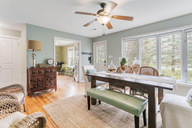 dining room featuring visible vents, a ceiling fan, light wood finished floors, and baseboards