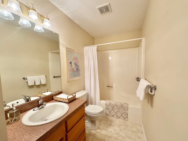 bathroom with shower / bath combo, visible vents, toilet, and vanity