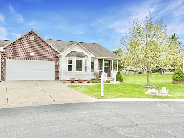 ranch-style house featuring brick siding, a garage, driveway, roof with shingles, and a front lawn
