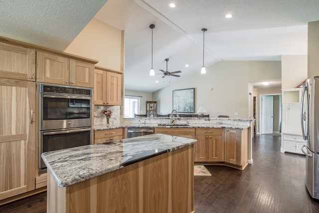 10207 Dodge Rd, Otisville, MI 48463 - kitchen featuring a peninsula, lofted ceiling, dark wood-style floors, a sink, and appliances with stainless steel finishes