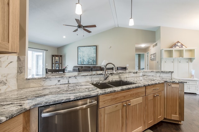 10207 Dodge Rd, Otisville, MI 48463 - kitchen with a ceiling fan, dark wood-style flooring, vaulted ceiling, dishwasher, and a sink