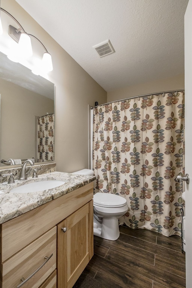 10207 Dodge Rd, Otisville, MI 48463 - bathroom with a textured ceiling, visible vents, wood finished floors, vanity, and toilet