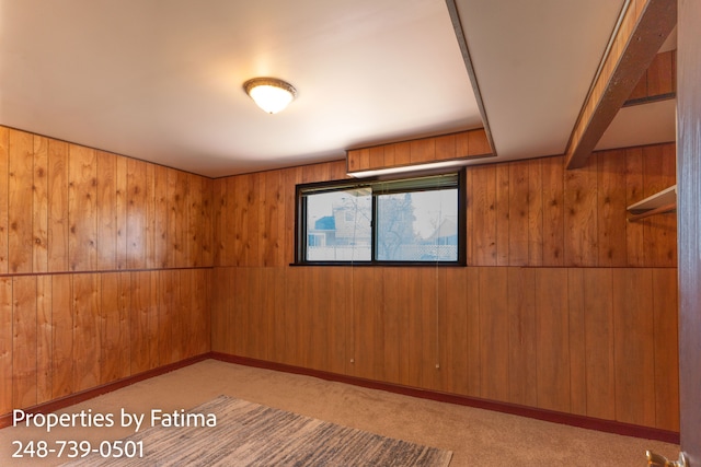 carpeted empty room featuring wood walls