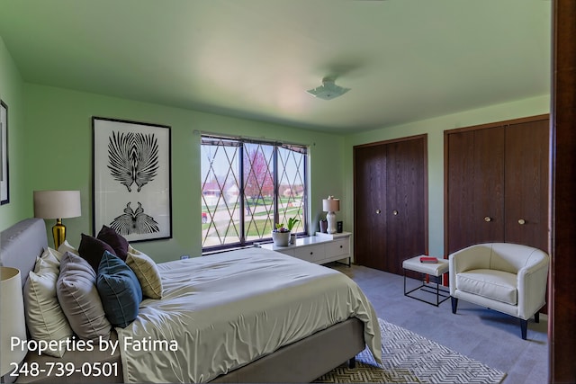 bedroom featuring multiple closets and light carpet