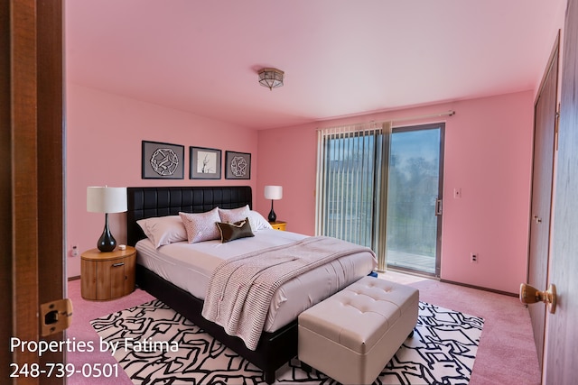 bedroom with baseboards, light colored carpet, and access to exterior