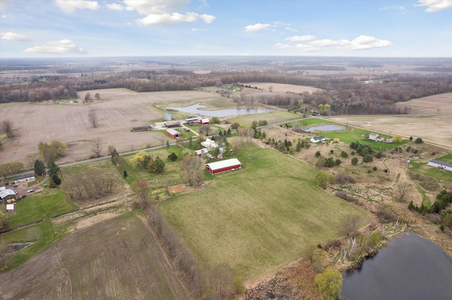 bird's eye view featuring a rural view and a water view