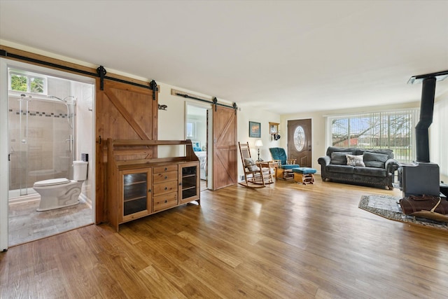 living area featuring a barn door, a healthy amount of sunlight, light wood-style floors, and a wood stove