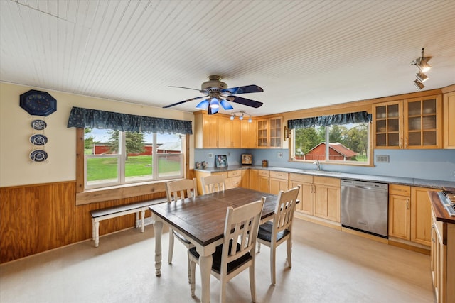 dining area with track lighting, wood walls, plenty of natural light, and a wainscoted wall