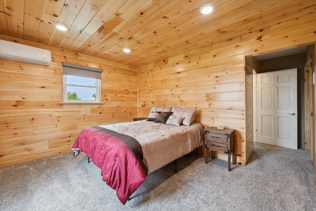 bedroom with recessed lighting, carpet flooring, and an AC wall unit