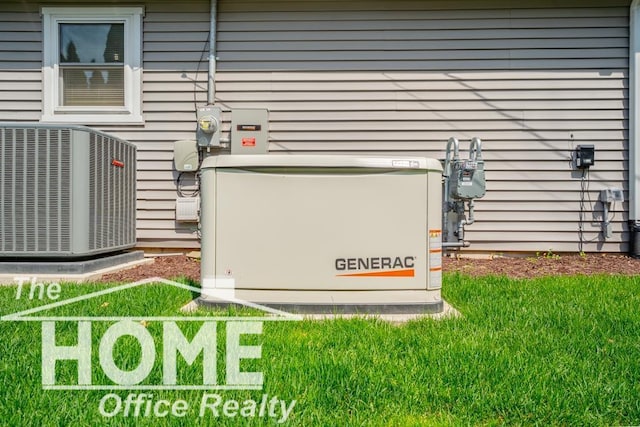 exterior details with gas meter, electric meter, central AC, and a power unit
