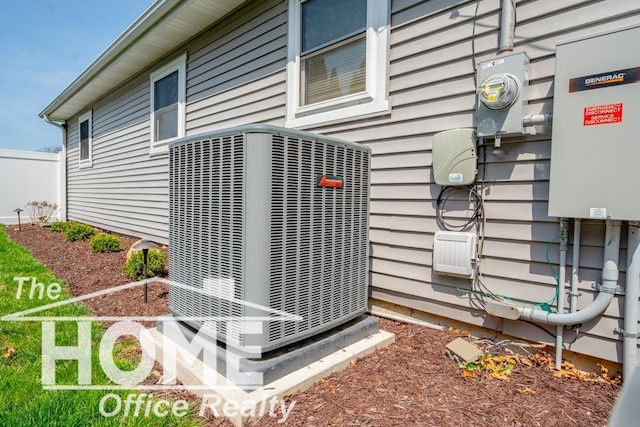 exterior details featuring electric meter and central AC unit