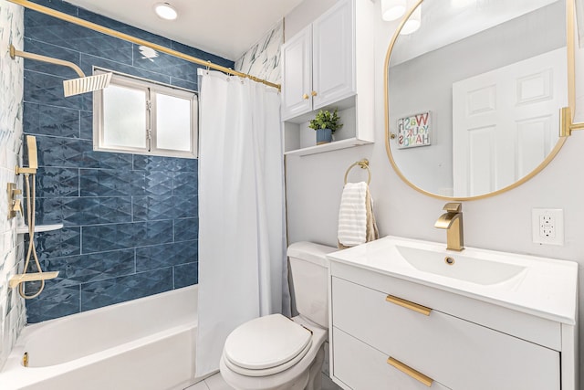 bathroom featuring shower / tub combo, vanity, and toilet
