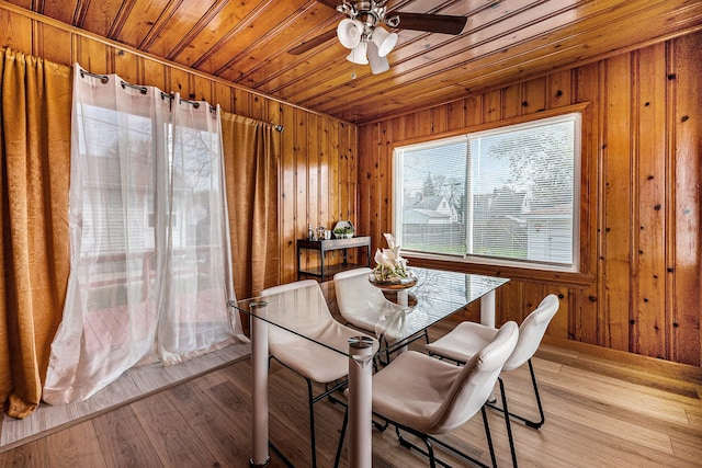 dining area with wood walls, a ceiling fan, light wood-style flooring, and wood ceiling
