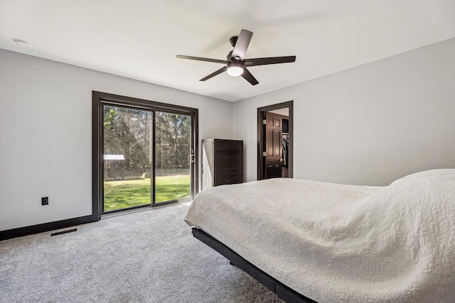 bedroom with visible vents, baseboards, access to outside, a ceiling fan, and carpet