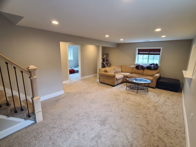 24800 Dayton Rd, Armada, MI 48005 - carpeted living area with recessed lighting, stairway, and baseboards