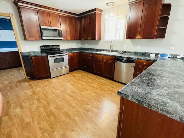 kitchen with stainless steel appliances, open shelves, a sink, and light wood-type flooring