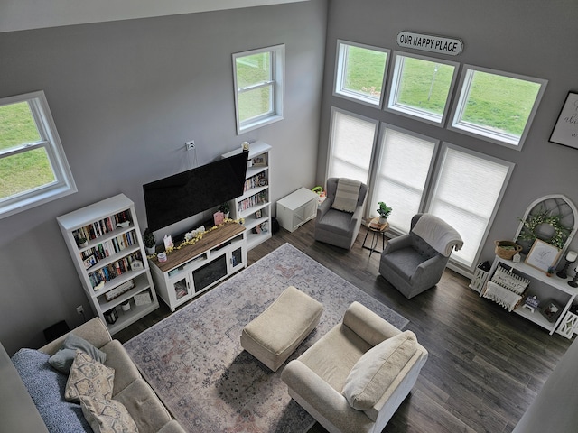 living room featuring dark wood-style floors and a towering ceiling