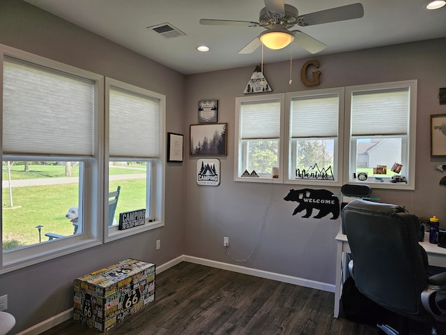 office featuring visible vents, ceiling fan, dark wood-type flooring, and recessed lighting