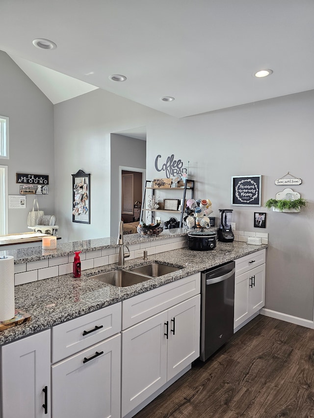 kitchen featuring stainless steel dishwasher, light stone countertops, a sink, and dark wood finished floors