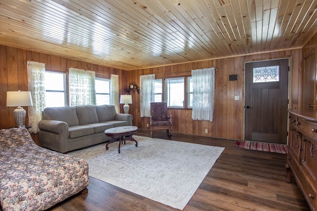 living room featuring dark wood-style flooring, wooden walls, and wooden ceiling
