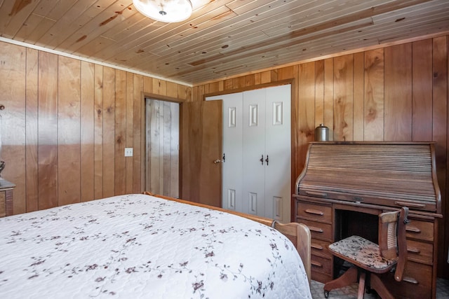 bedroom with wood ceiling and wood walls