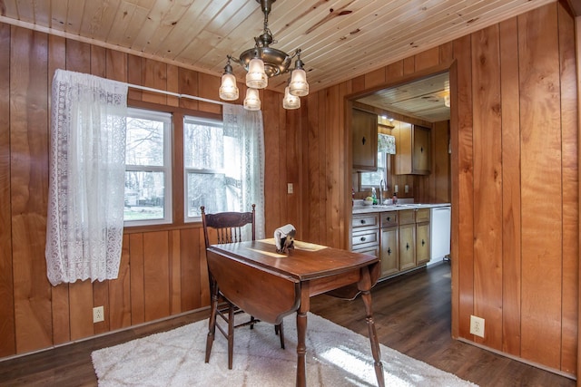 office space featuring an inviting chandelier, wood walls, and wooden ceiling