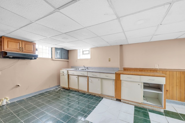 kitchen featuring a sink, a drop ceiling, under cabinet range hood, and light countertops