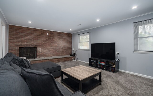 29742 Old Bedford St, Farmington Hills, MI 48331 - carpeted living room featuring crown molding, baseboards, recessed lighting, and a fireplace