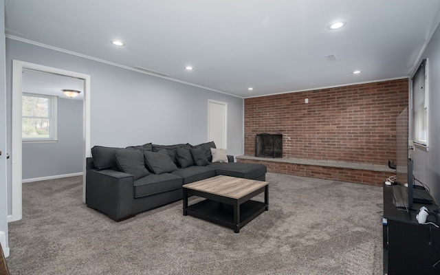 29742 Old Bedford St, Farmington Hills, MI 48331 - living room with carpet, recessed lighting, a brick fireplace, brick wall, and ornamental molding