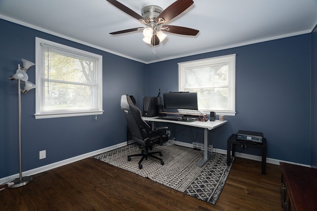 29742 Old Bedford St, Farmington Hills, MI 48331 - office area with healthy amount of natural light, wood finished floors, a ceiling fan, baseboards, and ornamental molding