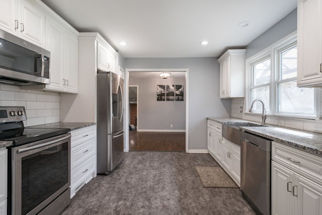 29742 Old Bedford St, Farmington Hills, MI 48331 - kitchen with stainless steel appliances, a sink, white cabinets, tasteful backsplash, and recessed lighting